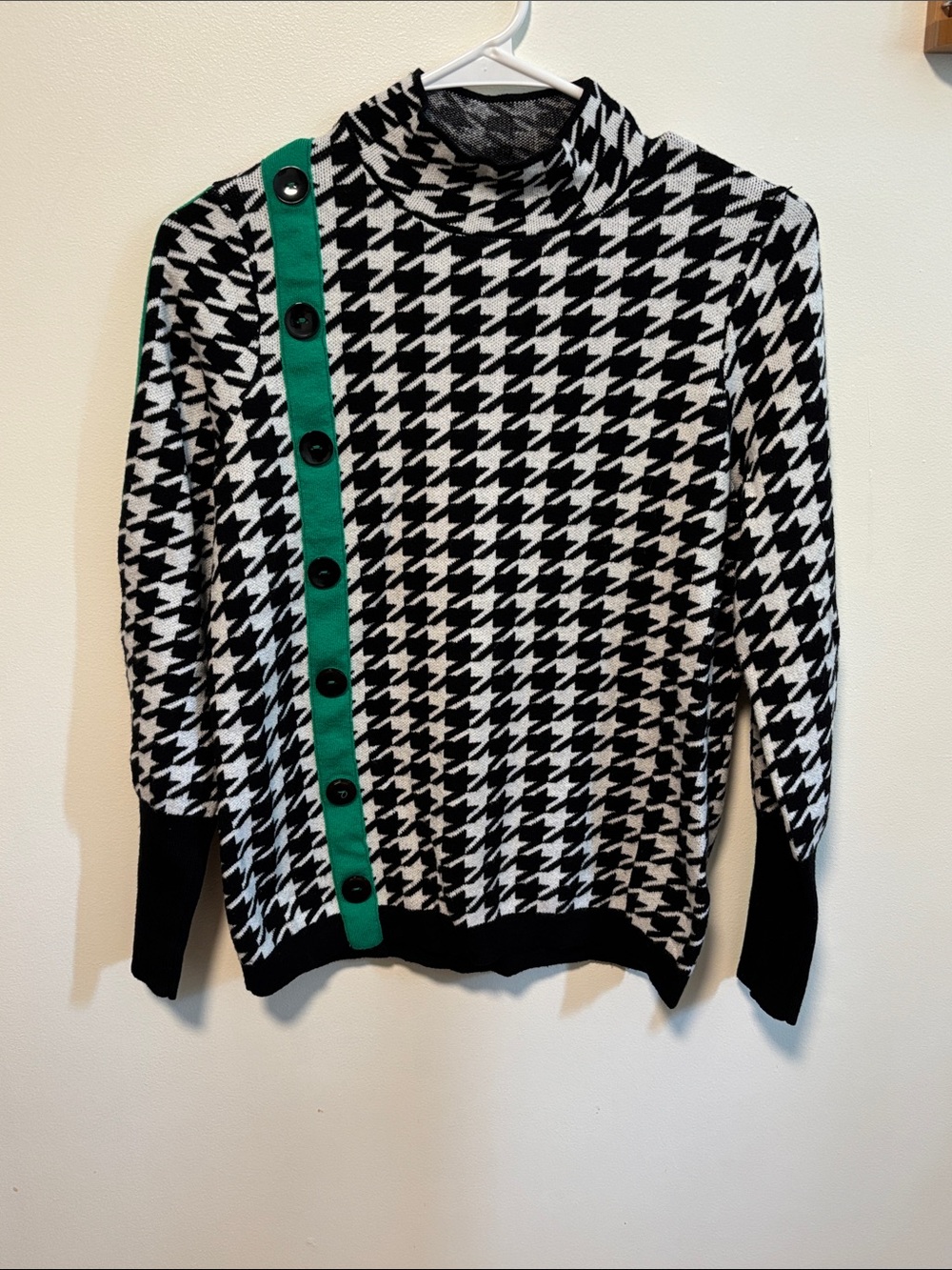 Alison Sheri Houndstooth Mock Neck Sweater with Green Button-Trim